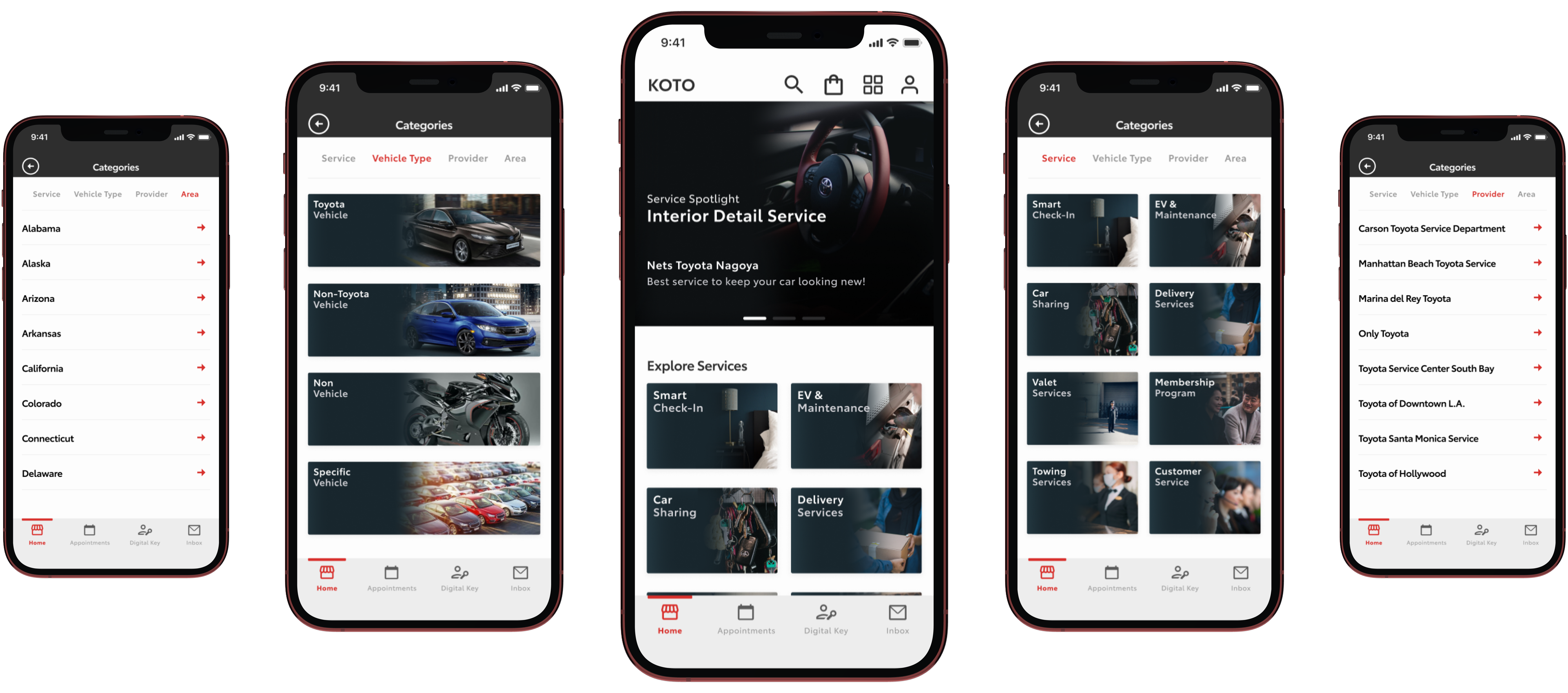 Koto service booking screens showing categories and booking flow